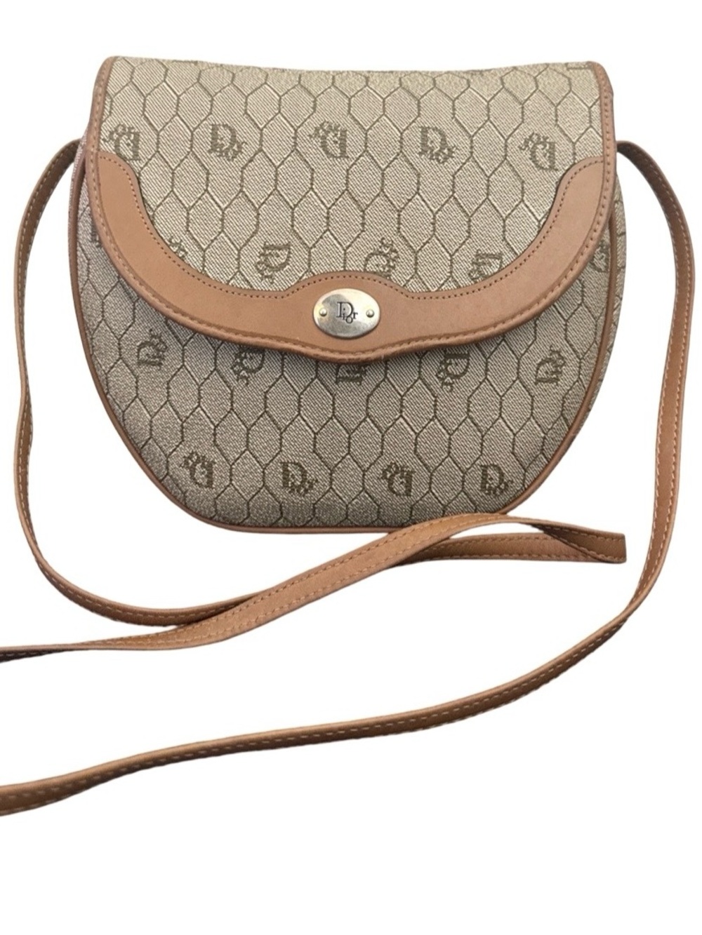 Christian Dior Vintage Honeycomb Monogram Crossbody Bag Beige Brown